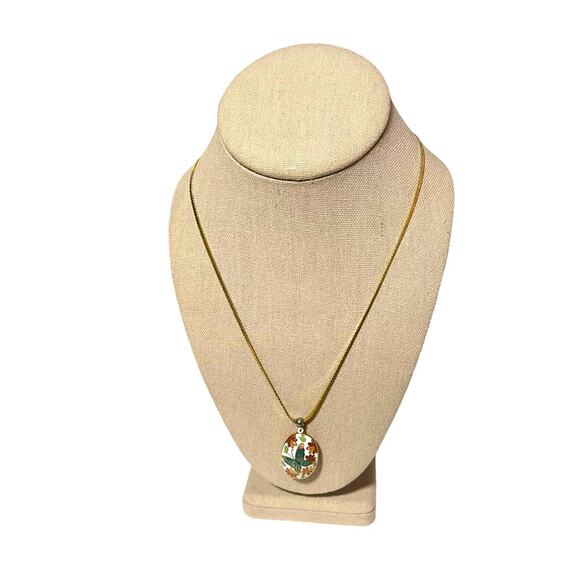 Cloisonné Butterfly Floral Turquoise White Green Gold Tone Necklace Pendant - Picture 2 of 7